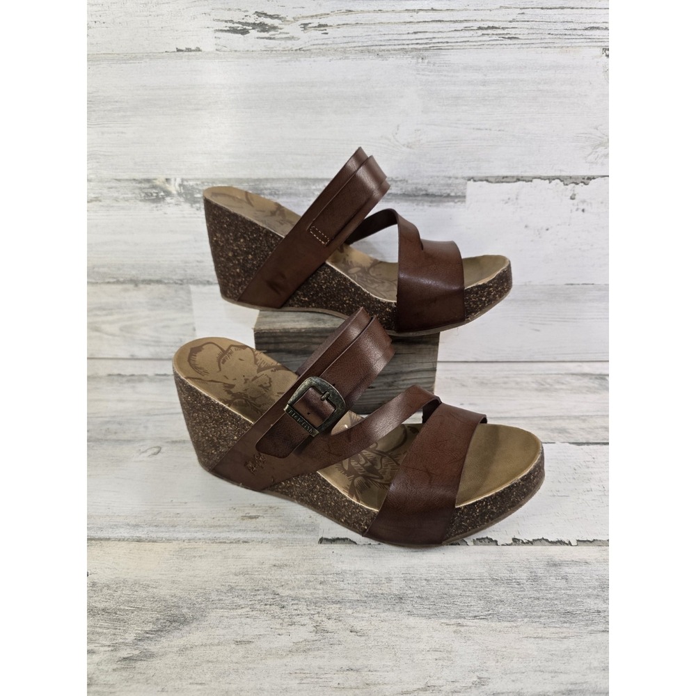 Blowfish Malibu Womens Brown Faux Leather Strappy Buckle Cork Wedge Sandals - Picture 4 of 11